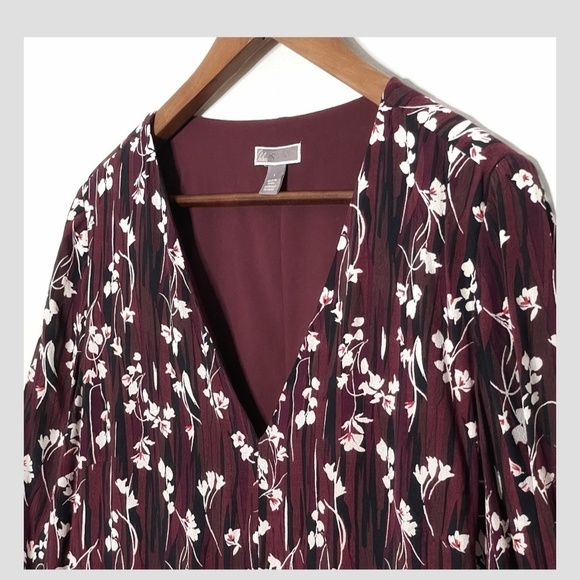 Chelsea28 Shift Dress Long Sleeve V- Neck Pockets Maroon Red Floral Lightweight - Picture 3 of 10
